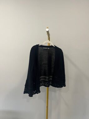 NY Collection Black Open-Front Crochet Hem Cardigan